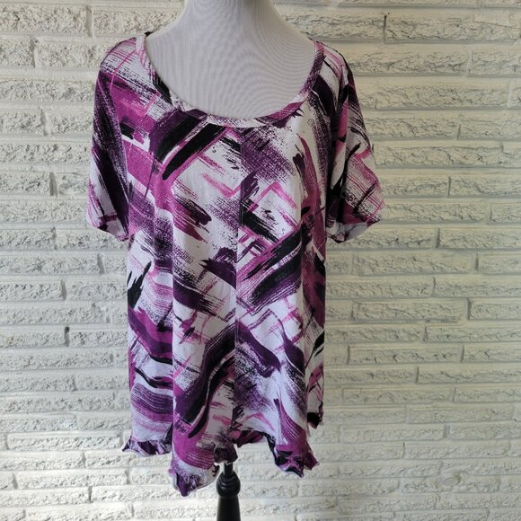 Zim Zoe Womens Top 22 24 Plus Tee Purple Watercolor Cotton Ruffle WAT32E - Picture 1 of 8
